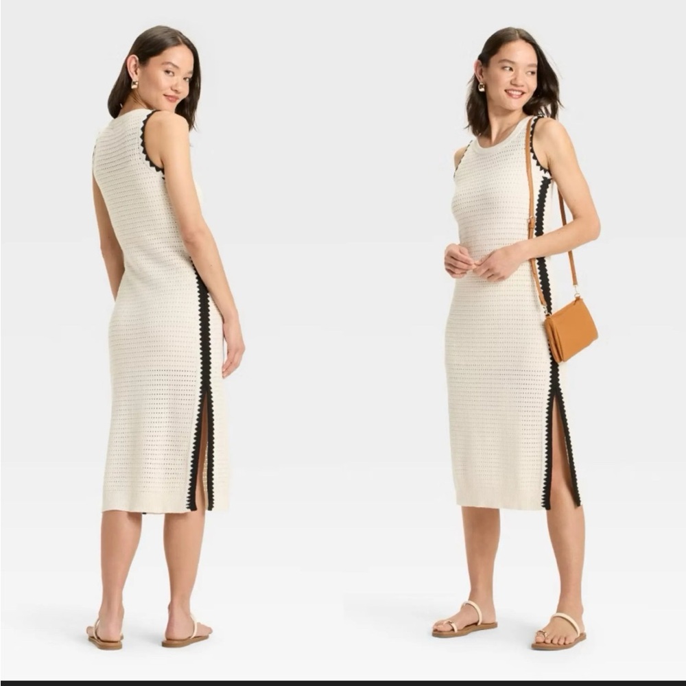 Cream Knit Midi Dress with Black Trim